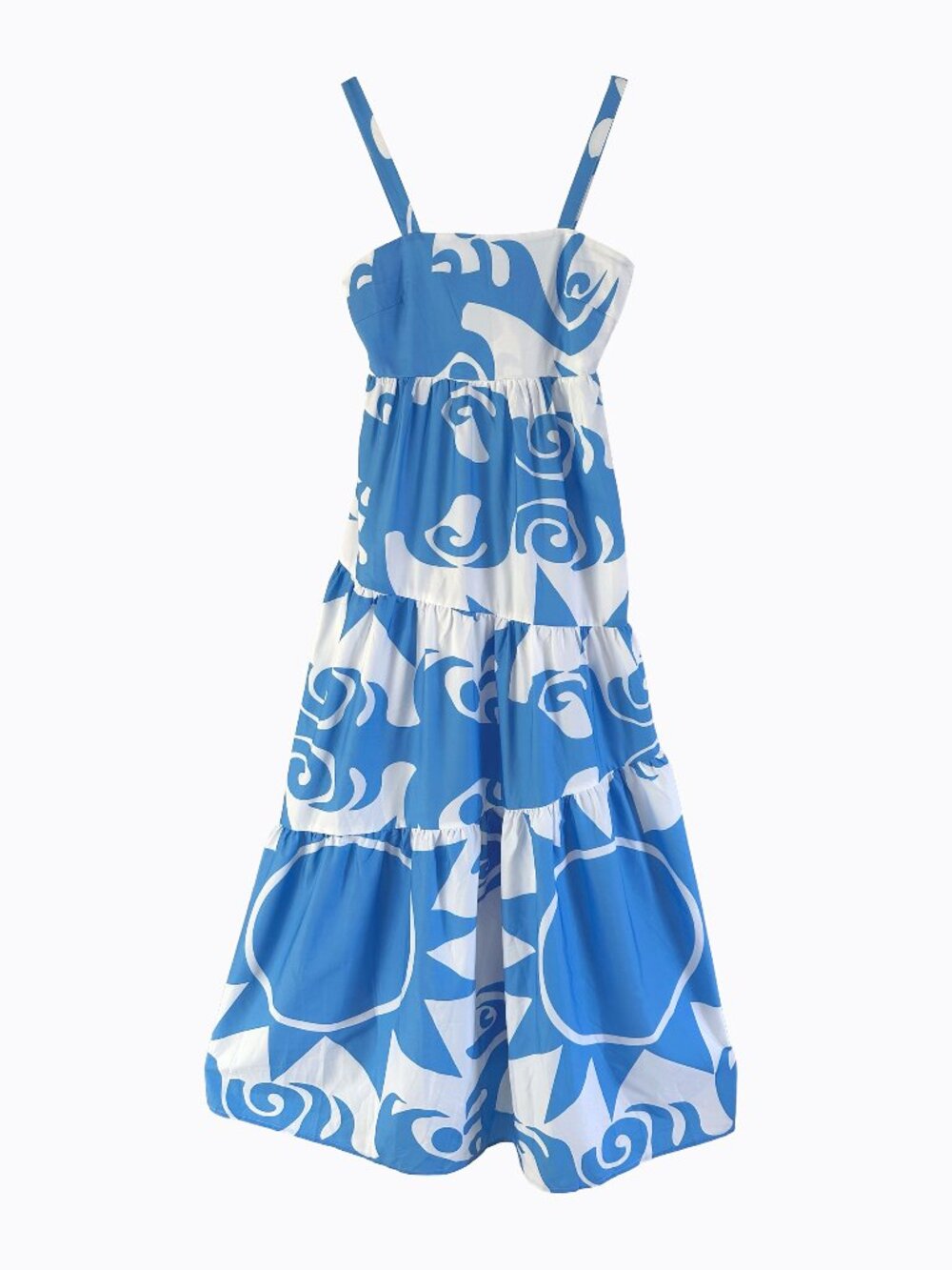 Commense Sun Print Cami Maxi Dress S Blue White Boho Tiered Ruffle Smocked Chic